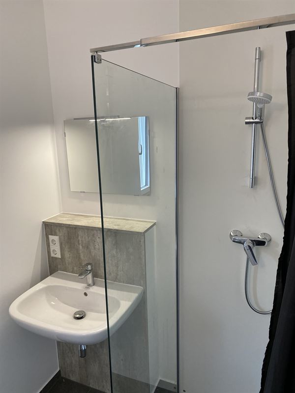 Bad mit Waschbecken, Spiegel und Dusche mit Glaswand